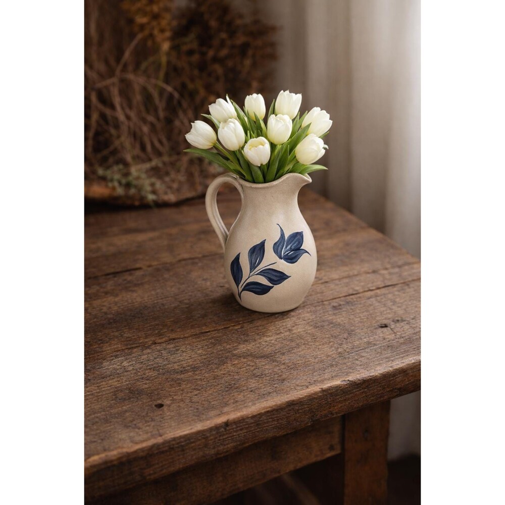 Vintage Stoneware Pitcher with Blue Leaf Design – Rustic Farmhouse.